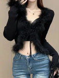 Vevesc Autumn Winter Fluffy Y2k Aesthetic Sweaters Fashion Slim Vintage Streetwear Cardigans Japanese Harajuku Elegant Crop Top Women