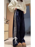 Vevesc Y2K Fleece Sweatpants with Bow Women Korean Style Winter Ribbon Brushed Pants Oversize Harajuku Striped Jogger Trousers