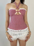 Vevesc  Plaid Print Sleeveless Corset Halter Top with Cutout Detail and Backless Design Perfect for Streetwear and Grunge Fashionistas