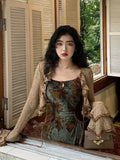 Vevesc Elegant Vintage Green Floral Print Camisole Dresses+ Y2k Long Sleeve Sun Protection Coat Women Oversize New Two Piece Sets