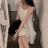 Vevesc Korean Simple Lace Up White Strap Dresses Summer New Sleeveless Dress for Women Y2k E-Girl High Waist A-line Vestidos Mujer