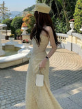 Vevesc  Elegant Lace Long Fairy Strap Dress Women Hollow Out Design Slim Korean Style Dress Female 2025 Summer Sexy Evening Party Dress