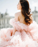 Vevesc Beautiful Light Pink Fluffy Tiered Tulle Bridal Dresses Voluminous Tulle Maxi Gowns Romantic Wedding Gowns