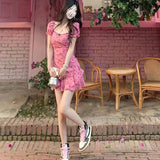 Vevesc Sweet Floral Chiffon Dress Women Print Bow Ruffles A Line Mini Dress Summer Cute Korean Puff Sleeve Slim One Piece Dresses