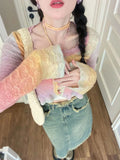 Vevesc Y2K Aesthetic Rainbow Cropped Cardigan Women Harajuku Vintage Hollow Out Knitted Sweater Korean Slim Flare Sleeve Tops