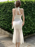 Vevesc  Summer White Mesh Patchwork Ruffled Mermaid Dress Women Elegant Diamonds Neck-mounted Sexy Dress 2025 Korean Luxury Party Dress
