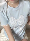 Vevesc Y2k Aesthetic Vintage Summer Bow Tees Slim Streetwear Lace Patchwork Tshirts Women Harajuku Grunge Bottoming Sweet Crop Top