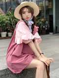 Vevesc  Dopamine Matching Sets Flare Sleeve Single Breasted Shirts Irregular Overall Shorts Ruffles Patchwork Summer Women Clothing
