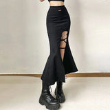 Vevesc Y2K Split Midi Skirt Women Streetwear Bandage Black Mermaid Skirts Korean Gothic Sexy Slit High Waist Slim Trumpet Skirts