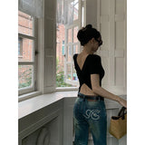 Vevesc Y2K Sexy Backless T Shirts Women Streetwear Aesthetic Black Crop Tops Summer Korean Fashion Short Sleeve Slim Chic Tees