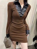 Vevesc Brown Long Sleeves Womens Dress Chic Design Long Skirt French Hepburn Elegant Style Polo Fashion Female Dress