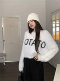 Vevesc White Sweater Women Pullover Autumn Long Sleeve O Neck Sueters De Mujer Short Length Tops Knitted Y2k Letter Chic Vintage