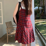 Vevesc Red Plaid Vintage Dresses Woman Sleeveless Korean Fashion Harajuku Preppy Dresses Pleated Short Dress Japanese Style Y2k