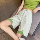 Vevesc Fashion Green Straight Denim Shorts For Women Summer Thin Hole Short Jeans New High Waist Five-point Pants