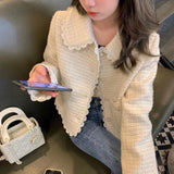 Vevesc Elegant Cropped Tweed Jackets Women Sweet Lace Patchwork Short Coat Vintage Korean Peter Pan Collar Casual Outerwear Tops