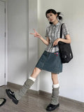 Vevesc Vintage Harajuku Plaid Commuter Litterary Blouse Y2k Aesthetic Japanese Simple High Streert Punk Shirts Buttons Short Sleeve Top