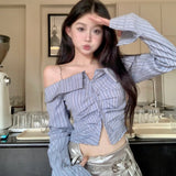 Vevesc Korean Fashion Spicy Girls Long Sleeve Off Shoulder Striped Shirt Women Tops Autumn Unique Versatile One Shoulder Slim Short Top