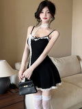 Vevesc  Black Patchwork Lace Bow Sling Sexy Mini Dresss Women Elegant Casual Y2k Dress Summer Korean Fashion Bodycon Evening Dress