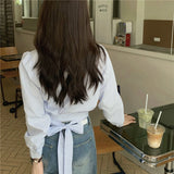 Vevesc Streetwear Striped Shirts Women Vintage Bandage Long Sleeve Crop Tops Spring Korean Fashion Elegant Casual Chic Blouses