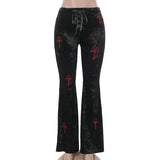 Vevesc Velvet High Waist Flare Pants Harajuku Fashion Cross Embroidery Soft Long Pant Women Autumn Mall Gothic Slim Trousers