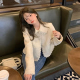 Vevesc Elegant Cropped Tweed Jackets Women Sweet Lace Patchwork Short Coat Vintage Korean Peter Pan Collar Casual Outerwear Tops