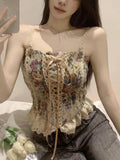 Vevesc France Vintage Print Sleeveless Tops Women Lace Elegant Party Princess Strap Top Female Korean Style Sweet Clothing Summer