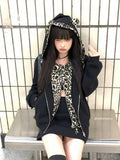 Vevesc Vintage Fashion Fake Two Piece Leopard Print Hooded Jackets+ Y2k High Waist Bodycon Skirts Autumn New Black Sets