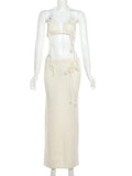 Vevesc  Sexy White Knitt Skirt 3 Pics Sleeveless V Neck Super Short Top High Waist Split Skirt Suit Summer Beach Style Set