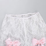 Vevesc Bow Tie See Through Lace Flare Pants Street Wear Bottoms Women Y2k Fashion Sexy White High Waisted Pants