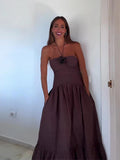 Vevesc  Elegant 3D Flower Long Dress Women Halter Backless Pleated Female Pary Dresses Fashion Street Sleeveless Solid Lady Robes