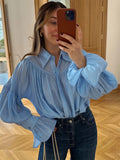 Vevesc  Summer Ruffled Loose Shirts Cardigan For Women Lapel Long Sleeve Casual Solid See-Through Blouse Female Pleated Shirts New