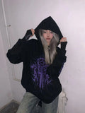 Vevesc  Women Japanese Black Printing Y2k Aesthetic Jackets Loose Harajuku Hooded Grunge Outwear 2025 Autumn Casual Zipper Vintage Coats