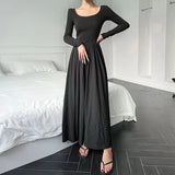 Vevesc  Hepburn Style Fashion Elegant Women A Line Dress Summer Elastic Slim Long Sleeve Midi Dress High Waist O Neck Pleated Dress