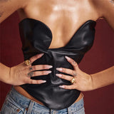 Vevesc PU Leather Black Sexy Tops Women Club Wear Strapless Low Cut Busiter Asymmetrical Ruched Backless Tube Top