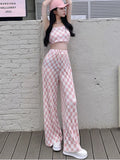 Vevesc New Summer Fashion Casual Plaid 2 Piece Set Women Strapless Crop Top + Wide Leg Pants Suits Female Sexy Outfits For Woman