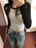 Vevesc Crop Clothes Slim Plain Female Tops Fitted Kpop Coquett Polyester Tshirts 90s Vintage Women's T Shirts Long Sleeve Old Tees