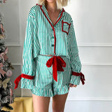 Vevesc Women Christmas 2 Piece Pajama Set Bowknot Striped Print Long Sleeve Button Down Shirt Tops Elastic Shorts Holiday Sleepwear