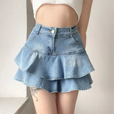 Vevesc Vintage Denim Skirt Shorts Women Summer Korean Fashion High Waist A-line Slim Cute Sexy Mini Jean Ruffle Skirt Female