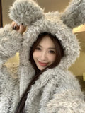 Vevesc New Lazy Fluffy Rabbit Ears Hoodie Coat Women Y2k Long Sleeve Zipper Tops Mujer Autumn Winter Thicked Warm Jackets