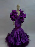 Vevesc Real Image Dark Purple Mermaid African Evening Dresses With Handmade Flower Details Puffy Sleeves Nigerian Long Evening Gowns