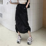 Vevesc Y2K Drawstring Parachute Skirts Women High Street Side Split Cargo Long  Female Casual Multiple Pockets Maxi