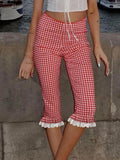 Vevesc  Women s Plaid Capri Pants with Lace Ruffles and Stretchy Cropped Leggings for Summer Casual Wear