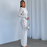 Vevesc Black Floral Lace See Through Maxi Dress Elegant Sexy Women Photoshoot Long Sleeve White Party Dresses Y2K Hollow Out