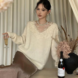 Vevesc Korean Deign Patchwork Lace Sexy V Neck Pullovers Autumn Office Lady Lazy Streetwear Jumpers Y2k Aesthetic Warm Clothes