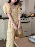 Vevesc  Floral dress women's summer new style retro romantic waist cinching slimming bubble sleeves tea break skirt long skirt