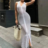 Vevesc  See Through Mesh Patchwork Dress Women Tassel Solid Sheath Y2K Casual Summer Trend Midnight Sexy Clubwear Party Vestidos