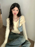 Vevesc Grunge Solid Streetwear T-shirt Spring Cross Pleated Y2k Aesthetic Sweet Tops Harajuku Slim Harajuku Long Sleeve Zipper Tshirt