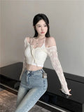 Vevesc Y2k Fairycore Lace Hollow Out Mesh Long Sleeve Cardigan Coat+ Fashion Sexy Slim Fit Vest 2024 Summer New Two Piece Sets