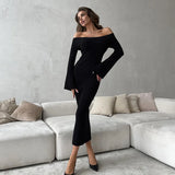 Vevesc Off Shoulder Flare Sleeve Long Dresses Women Black White Knitted Elegant Evening Dress Fall Y2K Clothes 2024