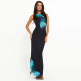 Vevesc Backless Lace Up Butterful Print Maxi Dress For Women O Neck Sleeveless Tank Dresses Femme Fashion Bodycon Sexy Long